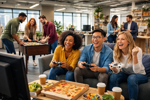 coworkers-having-fun-playing-video-games-with-food